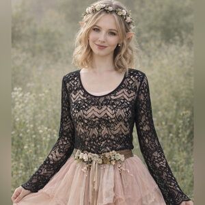 Eileen Fisher Wool Knit Blouse Long Sleeve Top Fairy Whimsical Scoop Neck Lacy